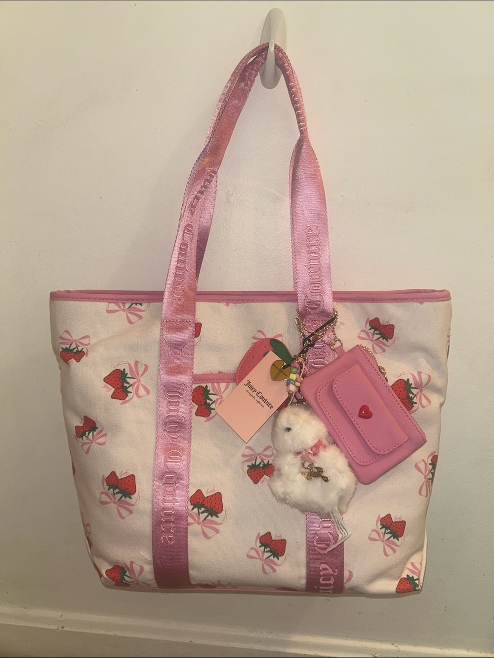 Juicy Couture Pink Strawberry Print Tote with Charm and Cardholder